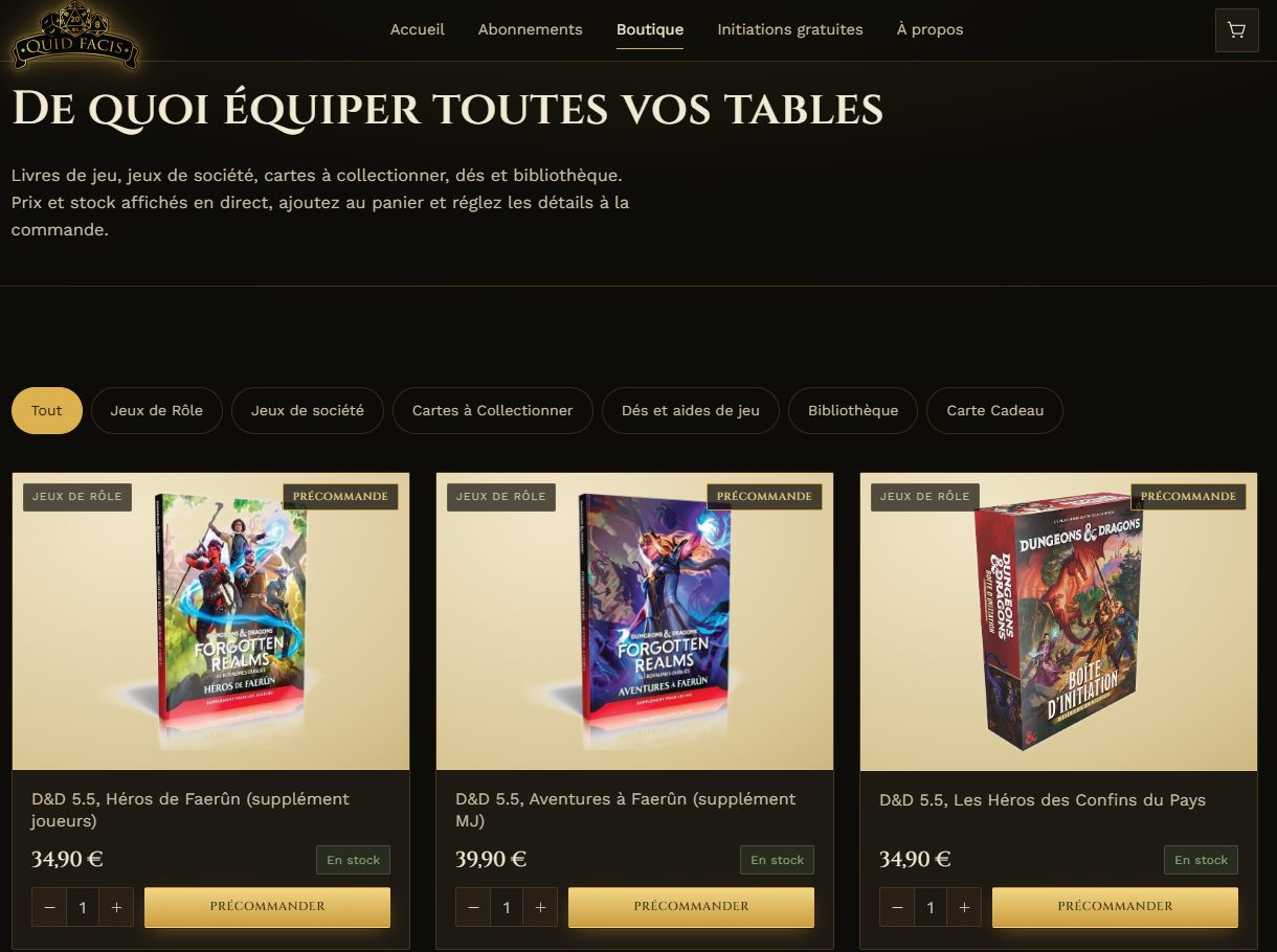 Boutique en ligne Quid Facis avec catalogue de produits
